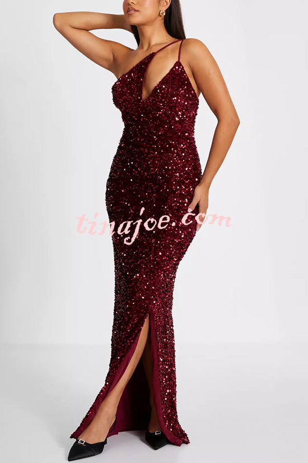 Glam Day Velvet Sequin One Shoulder Cutout Detail Slit Stretch Maxi Dress