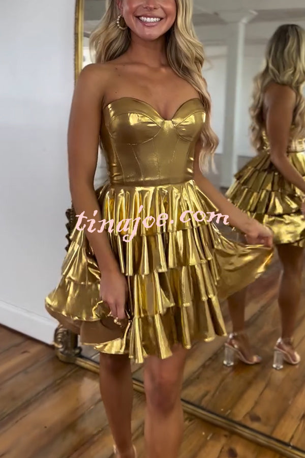 Like A Princess Metallic Fabric Off Shoulder Layered Rusffles Mini Dress