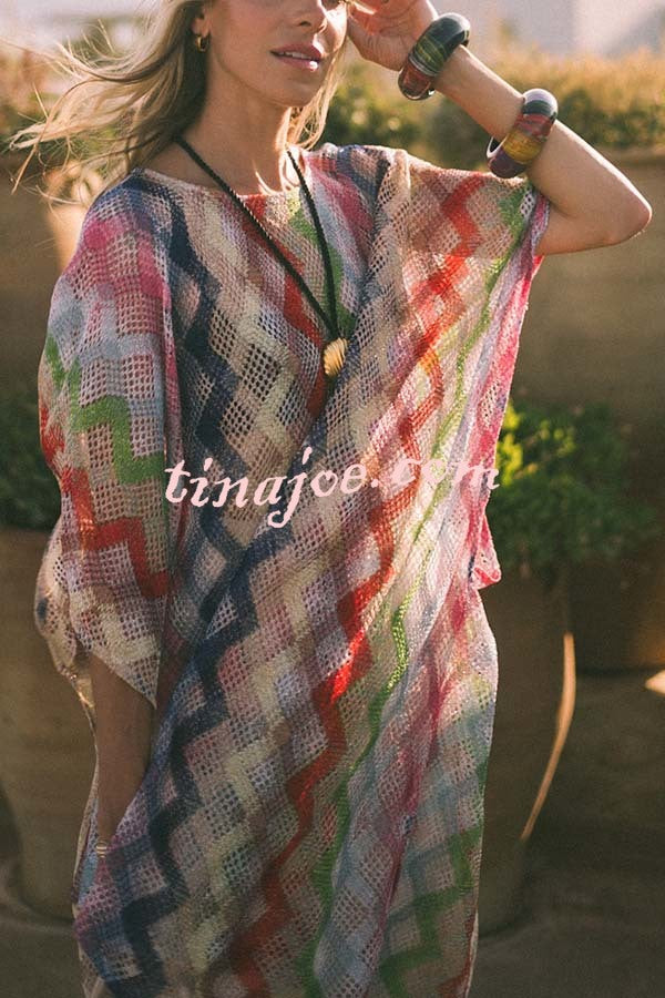 Sun Washed Knit Colorful Zigzag Pattern Asymmetric Hem Loose Cover-ups Kaftan