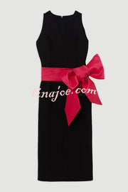 Clean Tailored Taffeta Contrast Oversized Bow Tie Waist Midi Dress