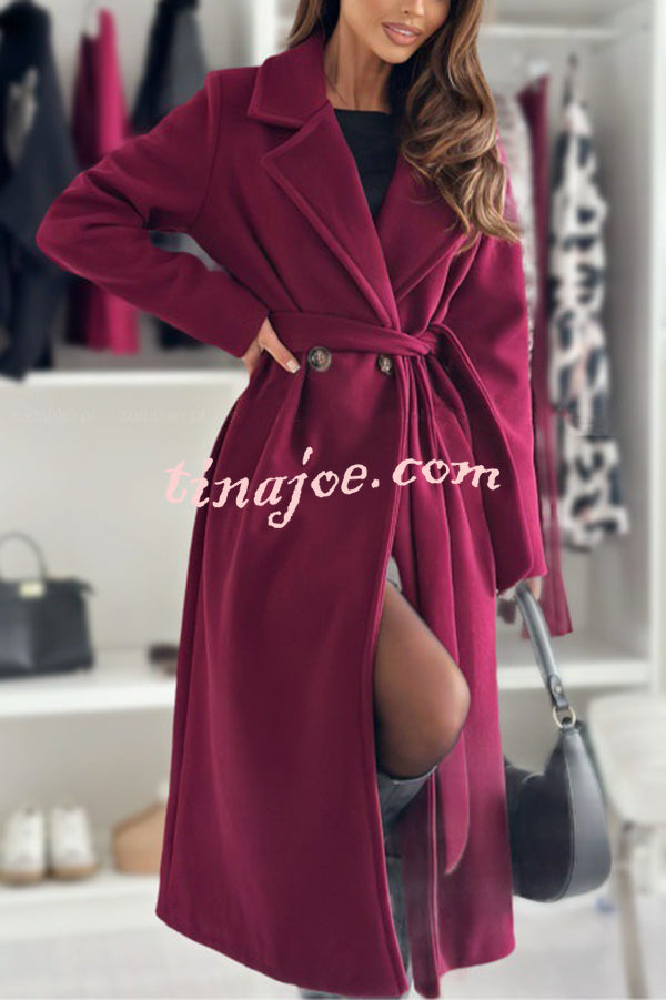 Solid Color Lapel Long Sleeve Waist Tie Long Coat