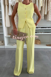 Workplace Chic Sleeveless Button Vest and Relaxed Pocket Wide Leg Pants Set