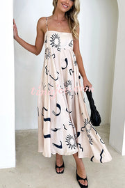 Elide Satin Unique Print Back Smocked Vacation Maxi Dress