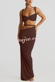 Sexy Halter Back Braided Suspender Top and Beach Holiday Style Hip-wrapped Maxi Skirt Set