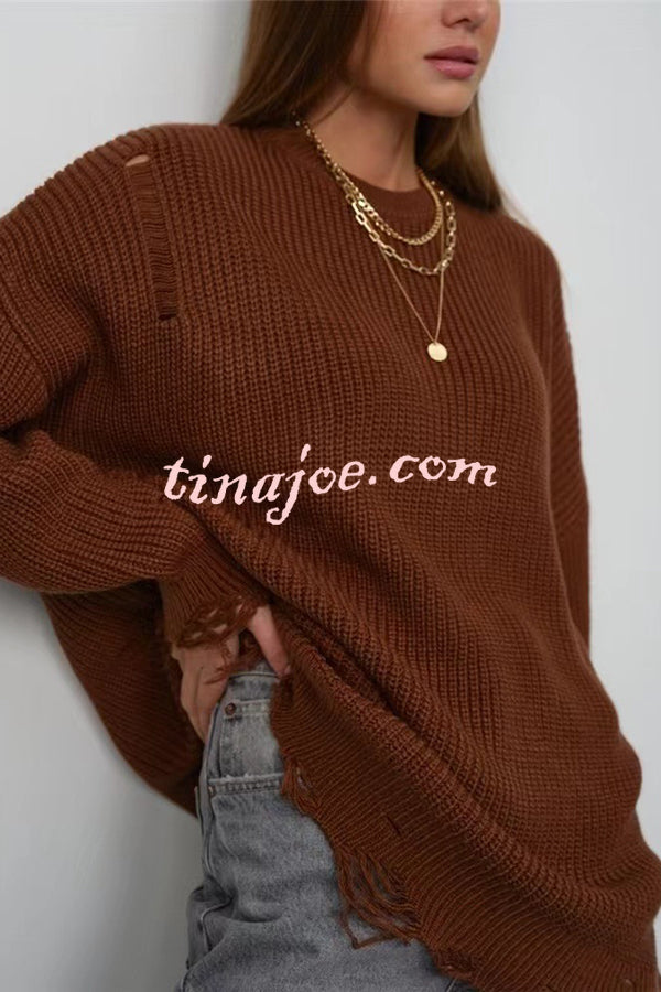 Solid Color Loose Ripped Knitted Mid-length Sweater