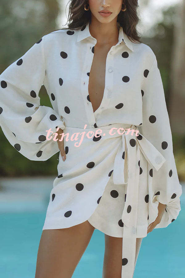 Effortlessly Linen Blend Polka Dot Balloon Sleeve Blouse and Wrap Tie-up Loose Mini Skirt Set