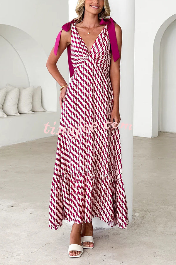 Unique Printed V-neck Sleeveless Lace-up Waist Maxi Dress