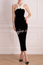 Sociable Elegance Velvet Contrast Bow Shoulder Strap Slit Stretch Midi Dress