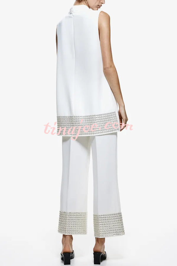 Simple But Not Simple Sequin Trim High Neck Sleeveless A-line Top