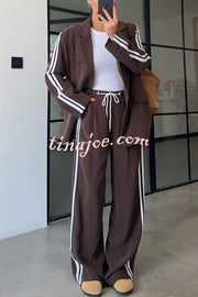 Levvie Striped Trim Long Sleeve Lapel Blazer and Rope Belt Pocketed Wide Leg Pants Set