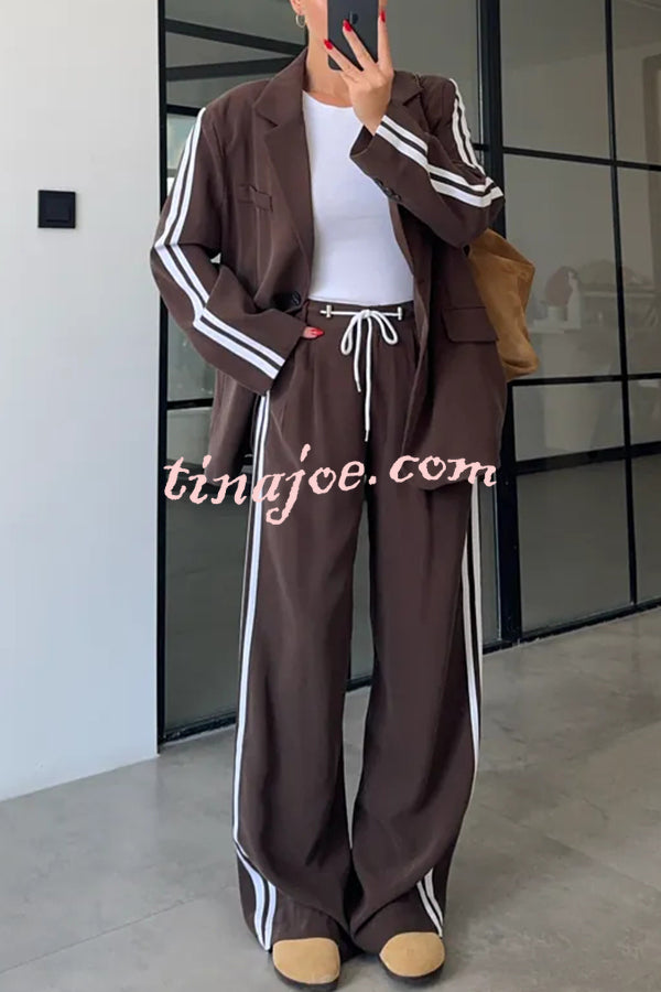 Levvie Striped Trim Long Sleeve Lapel Blazer and Rope Belt Pocketed Wide Leg Pants Set