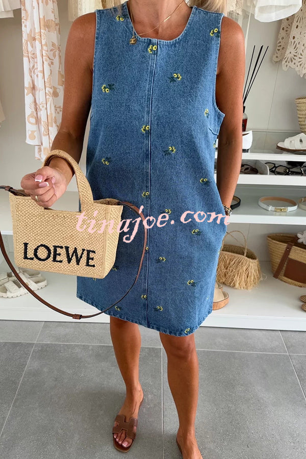 Floral Print Round Neck Sleeveless Loose Denim Mini Dress