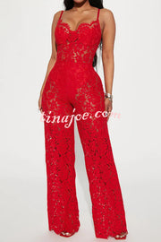 Sexy Moment Floral Lace Lined Suspender Wide Leg Stretch Jumpsuit