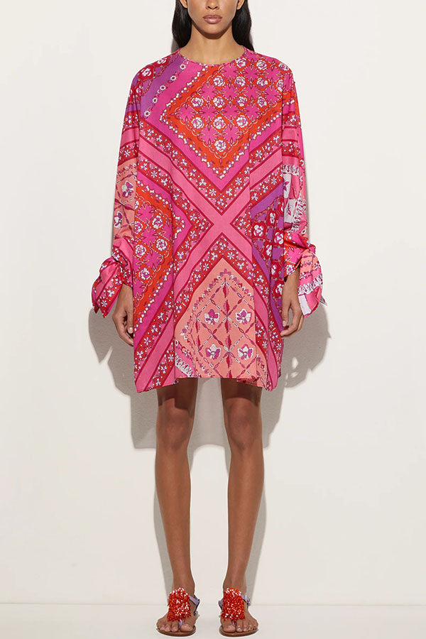 Micah Satin Unique Print Slit Tie-up Sleeve Shift Kaftan Mini Dress