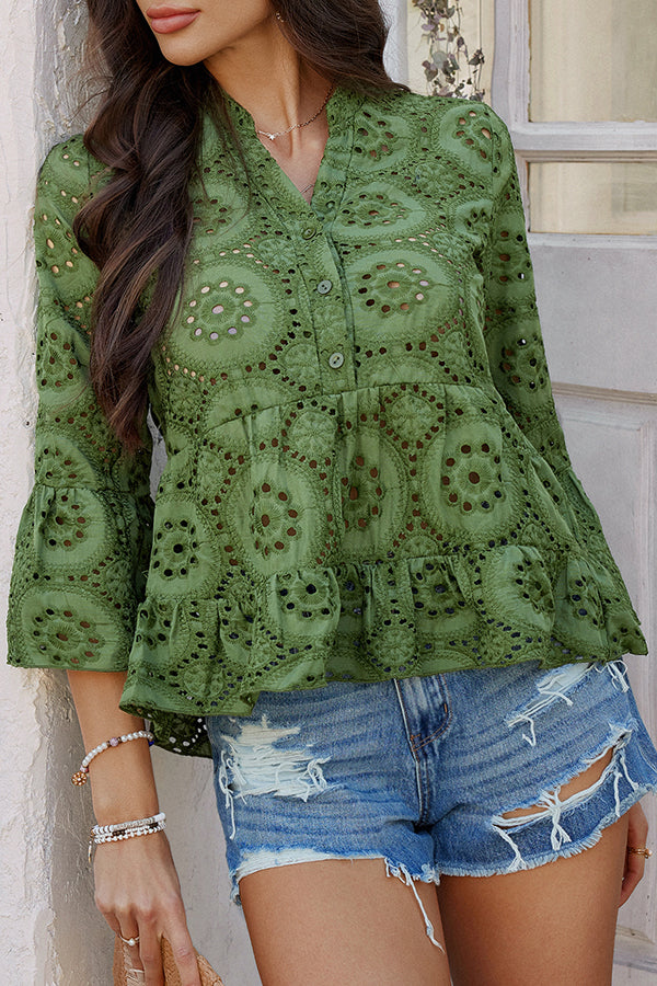 Solid Color Casual Resort Style Hollow V-neck Shirt