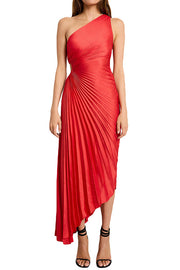 Glam Vibes Satin One Shoulder Side Cutout Pleated Maxi Dress