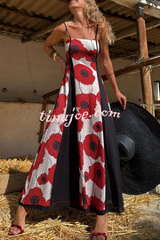 Floral Print Suspenders Paneled Back Pleated Maxi Dress