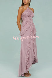 Dream Ode Lily Pad Style Pleats and Ruffles Halter Gown Maxi Dress