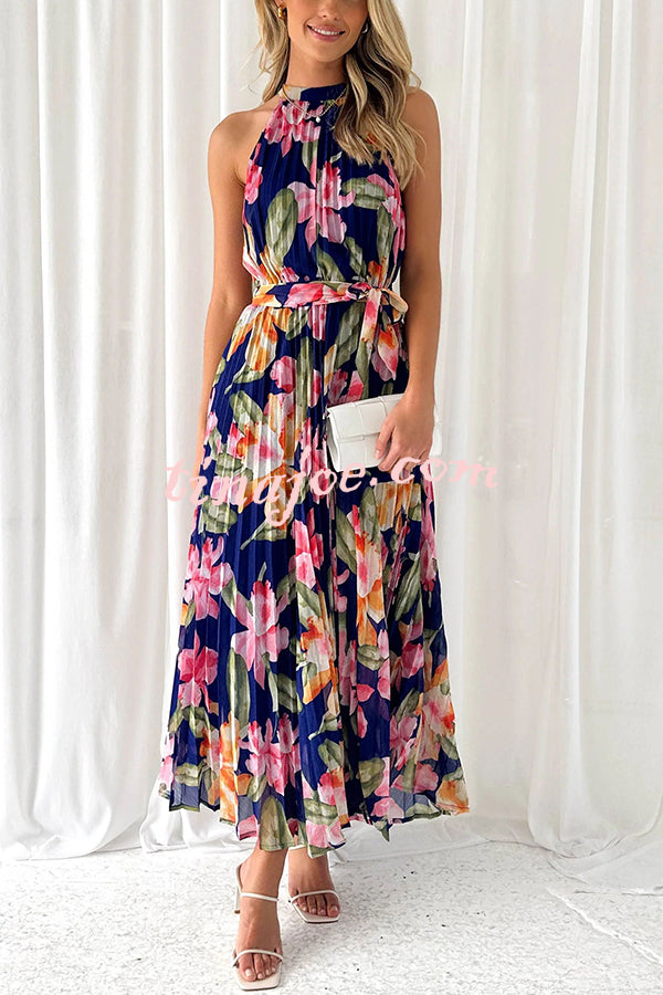 Delicate Floral Print Halterneck Lace Up Pleated Maxi Dress