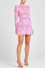 Champagne Toast Flower Lace Long Sleeve Bow Belted Mini Dress