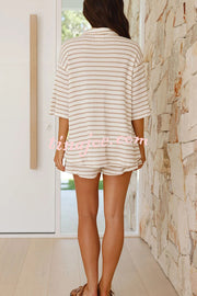 Stripe Print Lapel Short-sleeved Shirt Top and Elastic Waist Loose Shorts Set