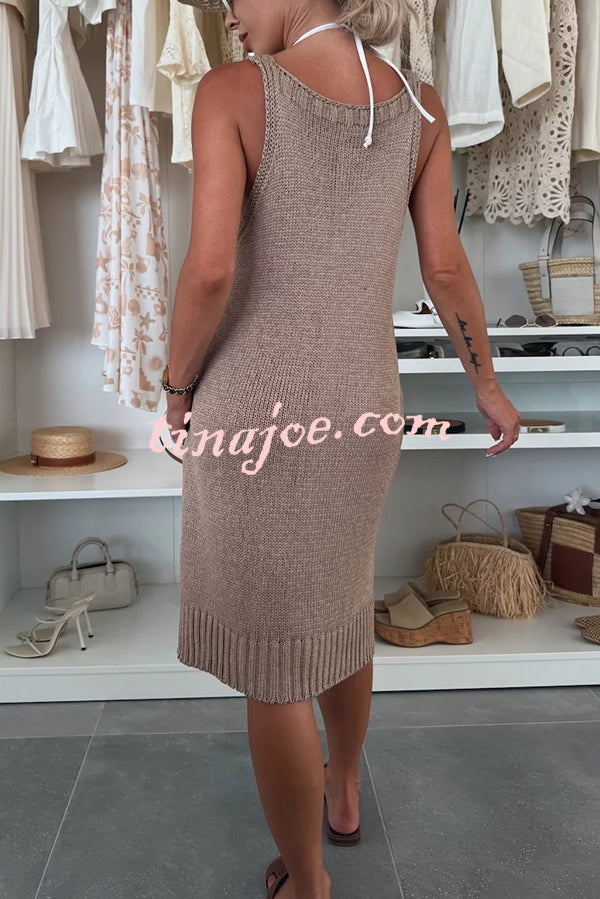 Solid Color V-Neck Sleeveless Casual Pocket Knitted Midi Dress