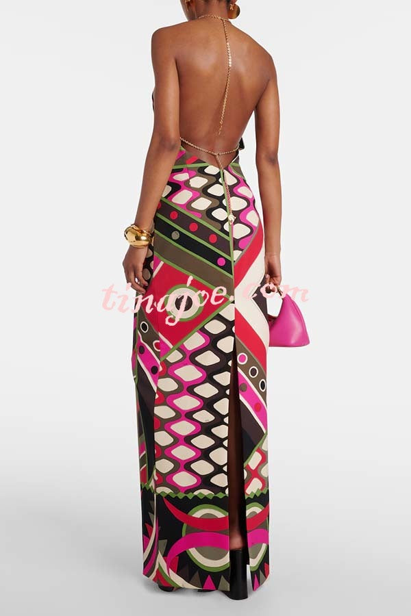 Jiya Unique Print Chain Detail Halter Backless Maxi Dress