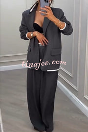 Fashion Sports Style Ribbed Colorblock Lapel Blazer and Elastic Waist Pocket Loose Pants Set