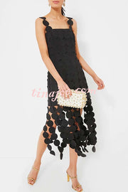 Best Dance Laser Cut Circle Embroidery Square Neck Tassle Trim Midi Dress