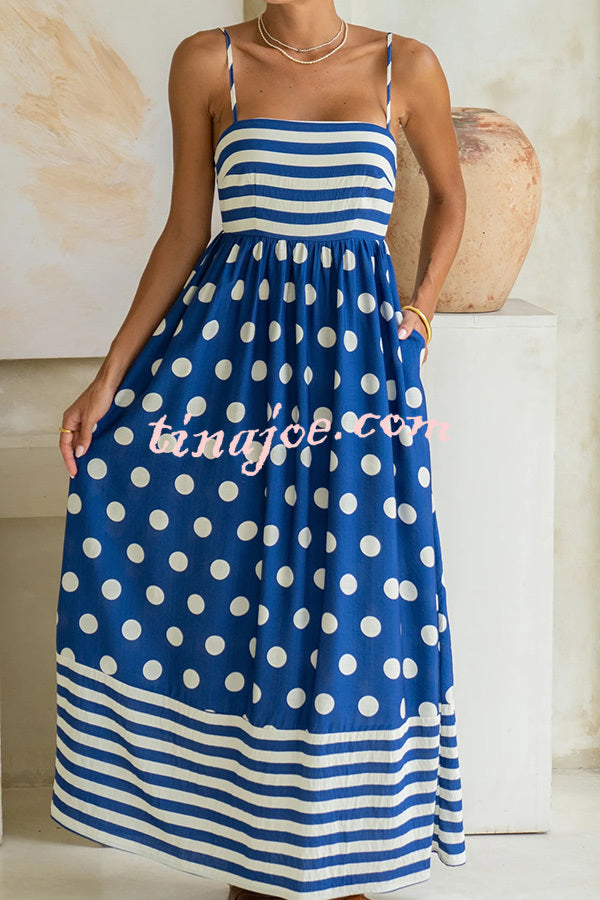 Striped Polka-dot Print Sling Pleated Open-back Maxi Dress