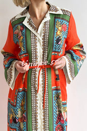 Linen Blend Unique Print Tie-waist Casual Maxi Dress