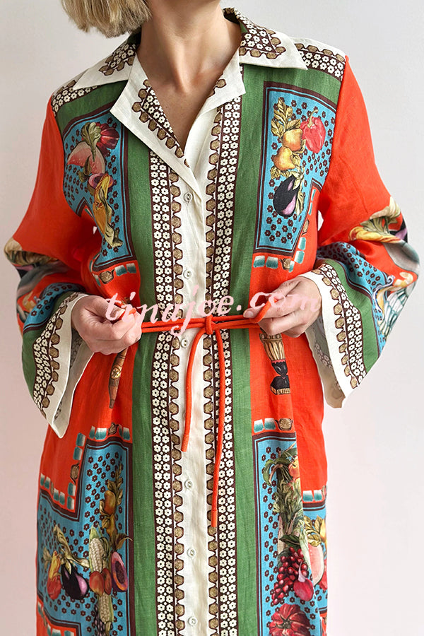 Linen Blend Unique Print Tie-waist Casual Maxi Dress