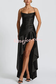 Solid Color Sexy Backless Lace-up Irregular Ruffled Maxi Dress