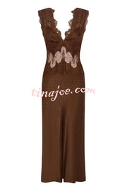 Wonderful Fusion Satin Lace Trim Poka Dot V-neck Drape Maxi Dress