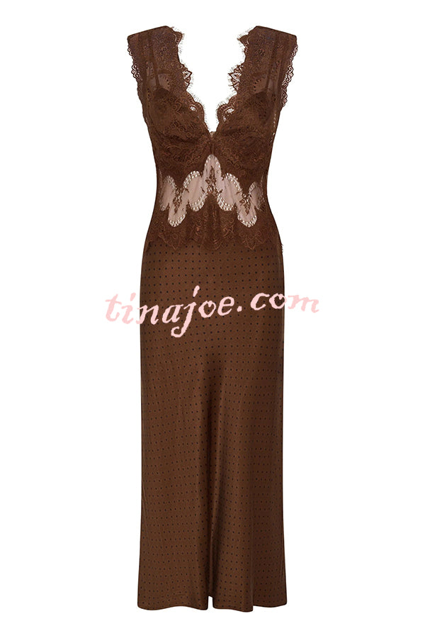 Wonderful Fusion Satin Lace Trim Poka Dot V-neck Drape Maxi Dress