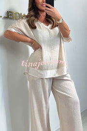 Fashionable V-neck Short-sleeved Loose Top and Elastic Waist Casual Wide-leg Pants Set