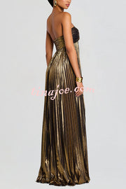 Metallic Sexy Tube Top Pleated High Slit Maxi Dress