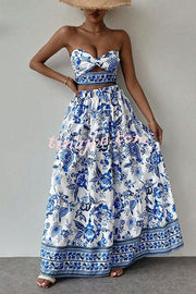 Floral Print Cutout Bandeau Top and Elastic Waist Full Maxi Skirt Set