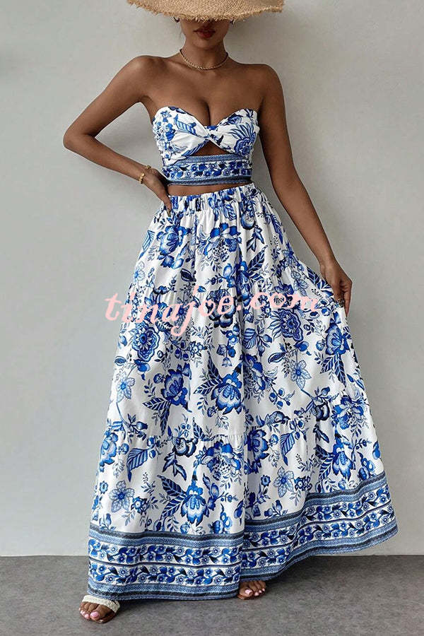 Floral Print Cutout Bandeau Top and Elastic Waist Full Maxi Skirt Set