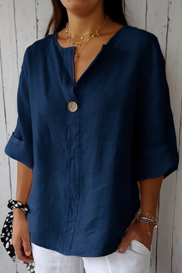 Solid Color Casual Button V-neck Loose Top