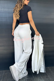 Sporty Mixed Formal Striped Trim Lapel Blazer and Elastic Waist Pocket Loose Pants Set