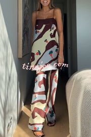 Loving Views Satin Unique Print a-line Tank and Elastic Waist Loose Pants Set
