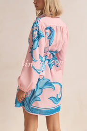 Botanical Print Lapel Puff Sleeve Vintage Belt Loose Mini Dress