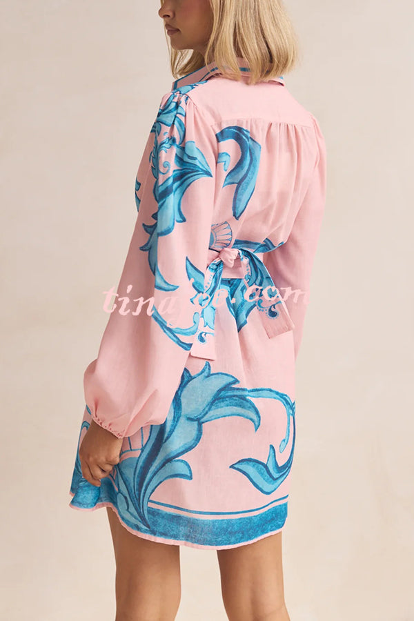 Botanical Print Lapel Puff Sleeve Vintage Belt Loose Mini Dress