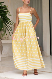 Striped Polka-dot Print Sling Pleated Open-back Maxi Dress