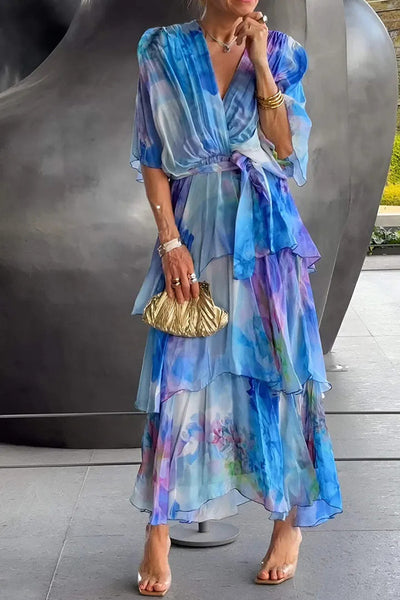 Stylish Tie-dye V-neck Tie-waist Layered Maxi Dress