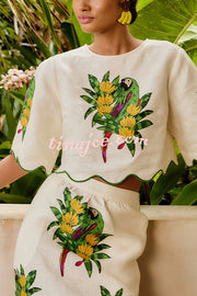 Parrot Print Round Neck Loose Crop Top and Elastic Waist Pocket Casual Midi Skirt Set