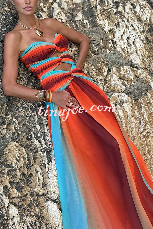 Sardinia Sunset Mesh Printed Twist Cutout Off Shoulder Vacation Maxi Dress