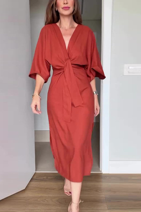 Solid Color V-neck Half-sleeve Casual Waist-tied Midi Dress