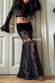 Sexy Lace Long-sleeve Lace-up Top and Pleated Sheer Maxi Skirt Set